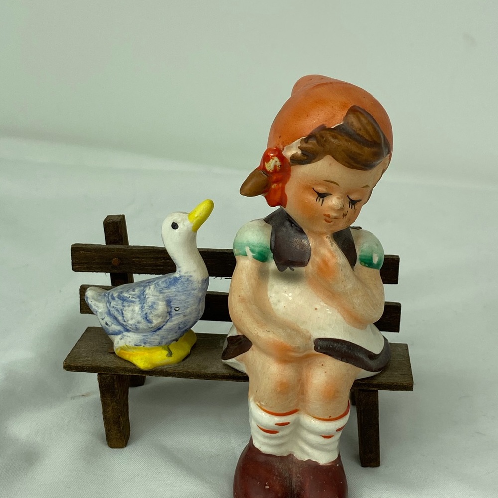 Vintage Tilso Girl With Duck on a Bench Figurine
